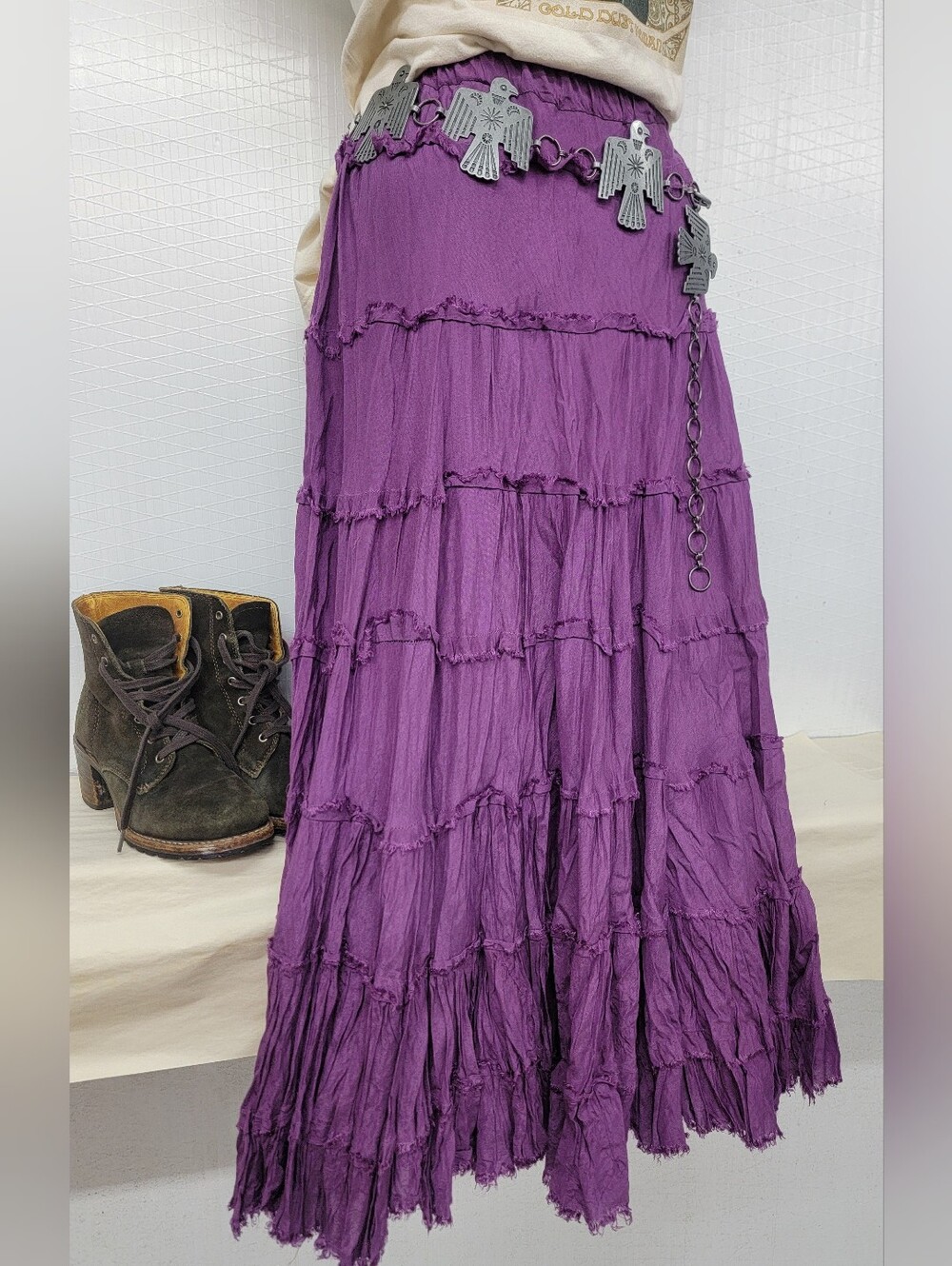 Bohemian Cottage Gypsy Tiered Crinkle Maxi Skirt - Picture 5 of 7